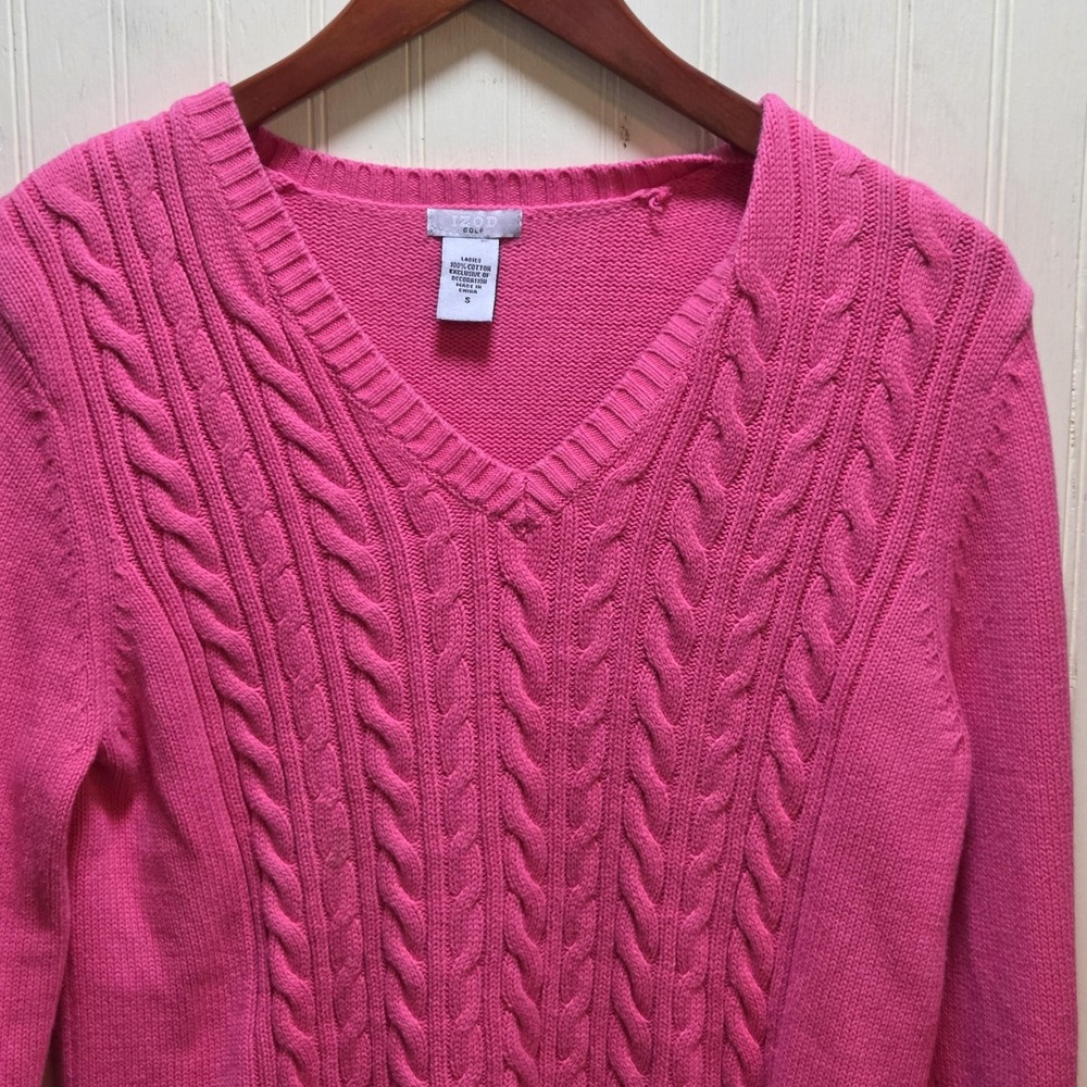 IZOD Sweater Womens Small Pink Cable Knit V Neck Long Sleeve Golf Pullover